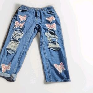 SHEIN Curve Blue Straight Leg Jeans with Butterfly Patches 33-35 in waist